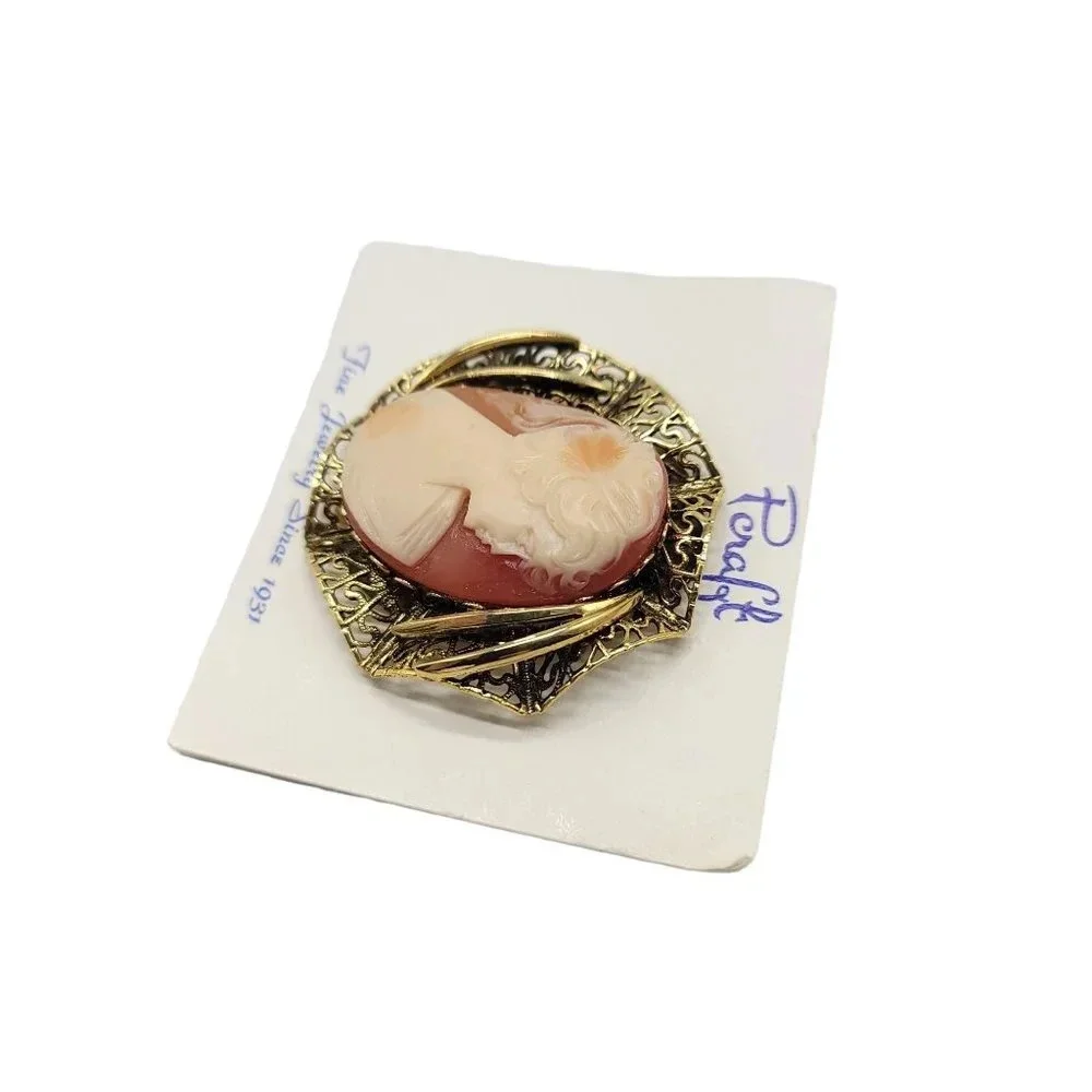 Pcraft Pink Acrylic Cameo Gold Tone Large Brooch NOS Vintage